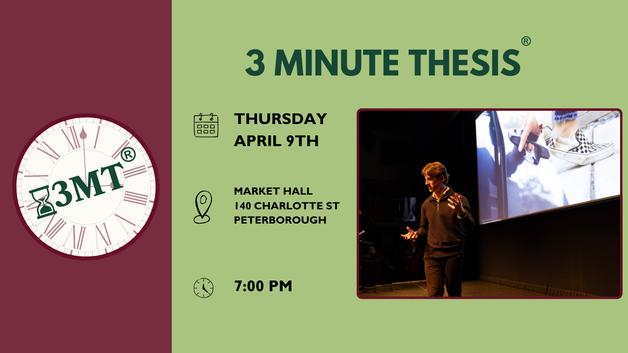 3 Minute Thesis. Thursday, April 9. Market Hall 140 Charlotte St Peterborough 7:00 PM