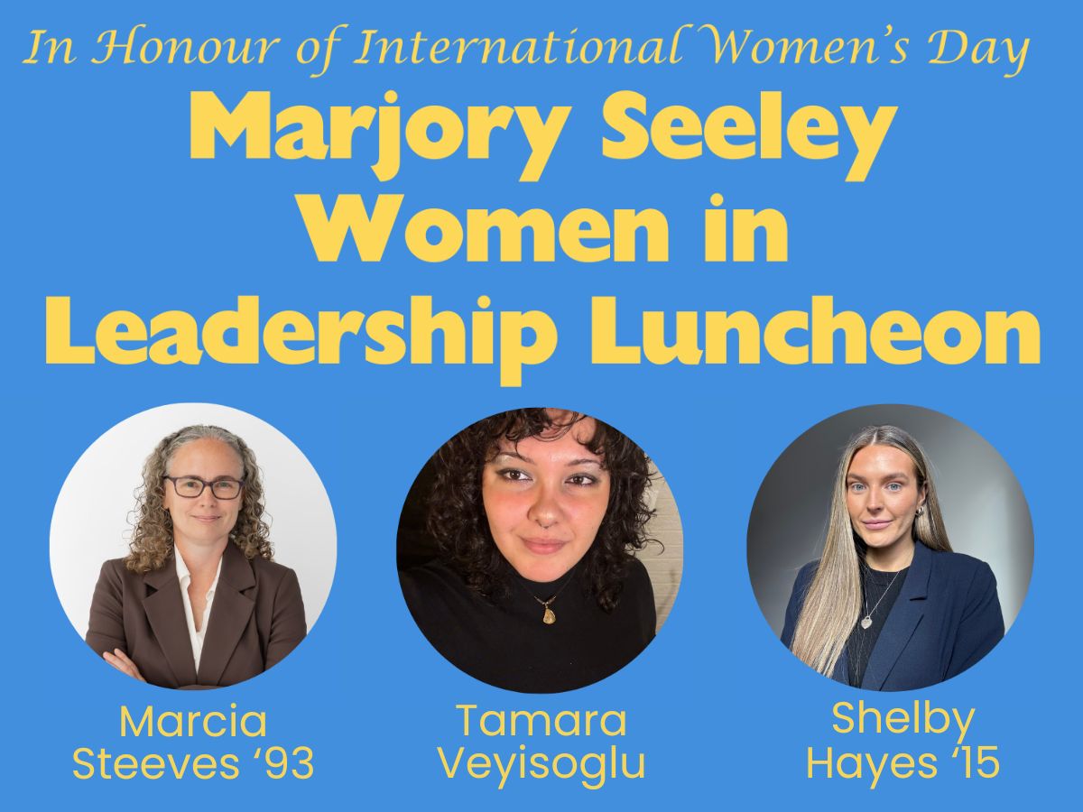 Graphic with blue background and title of event and speakers shared below