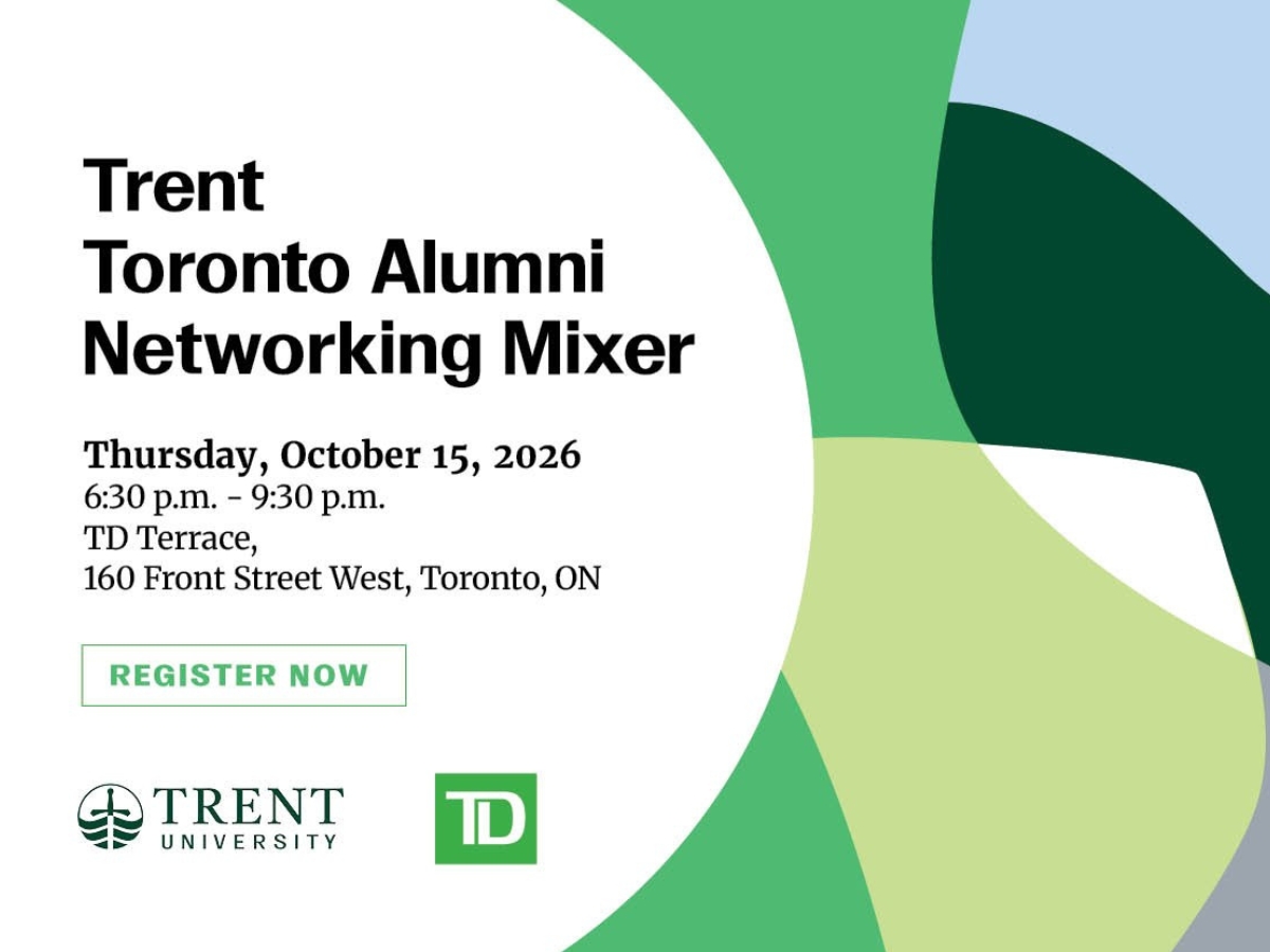 A geometric graphic with the text "Trent Toronto Alumni Networking Mixer" on it