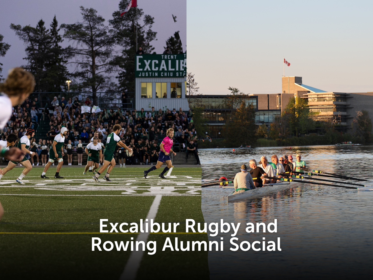 Men's rugby playing a game on the field, and a group of people rowing on the river