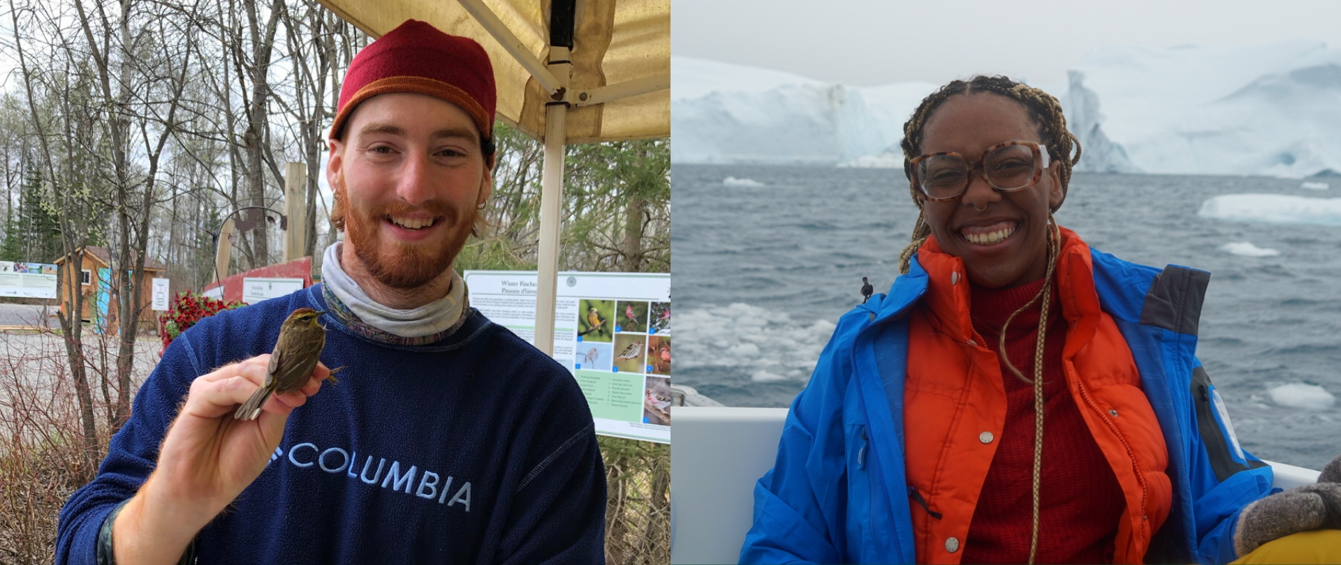 Left side is a man standing outside with a bird on his hand, right side is a woman standing infront of an iceberg
