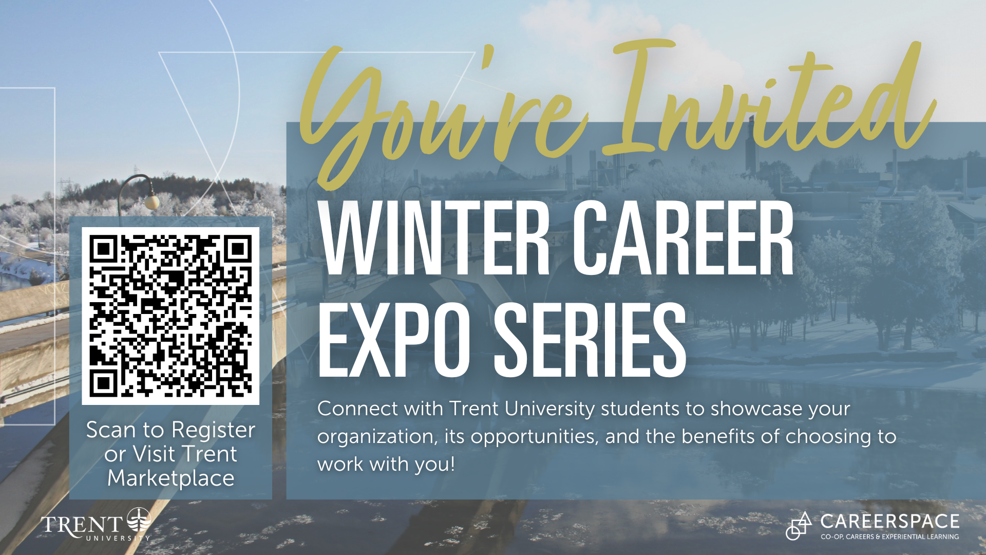 Text graphic over photo of Trent University campus during the winter