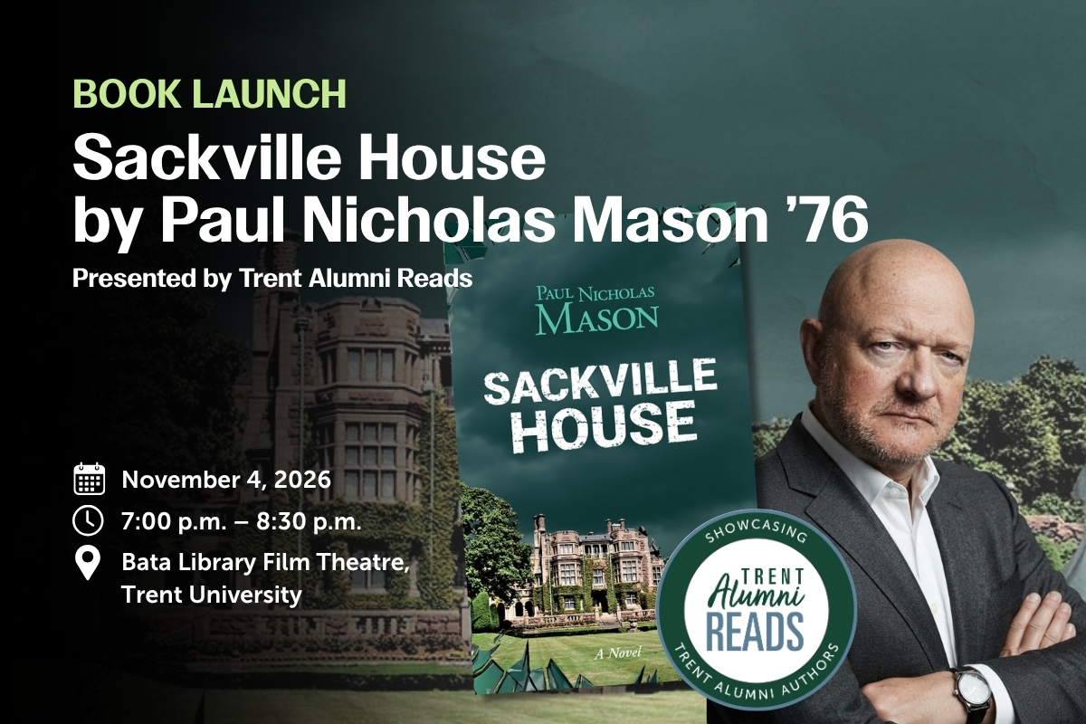 A book cover with a castle on the front and the text Sackville House, along with a man with crossed arms looking at the camera