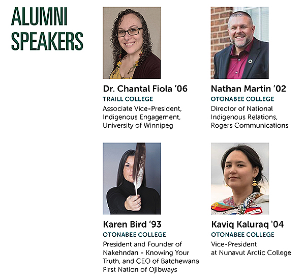 Graphic showing four alumni speakers