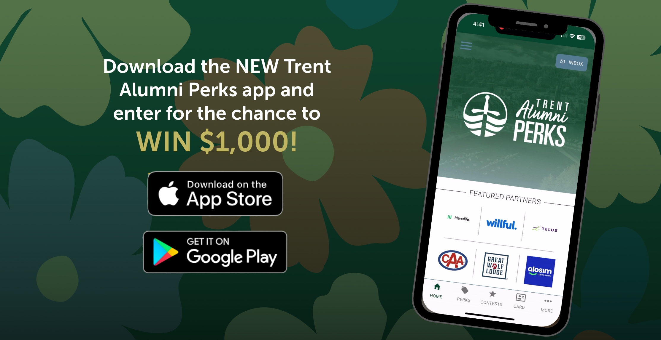 Image of a cellphone with the Alumni Perks app open