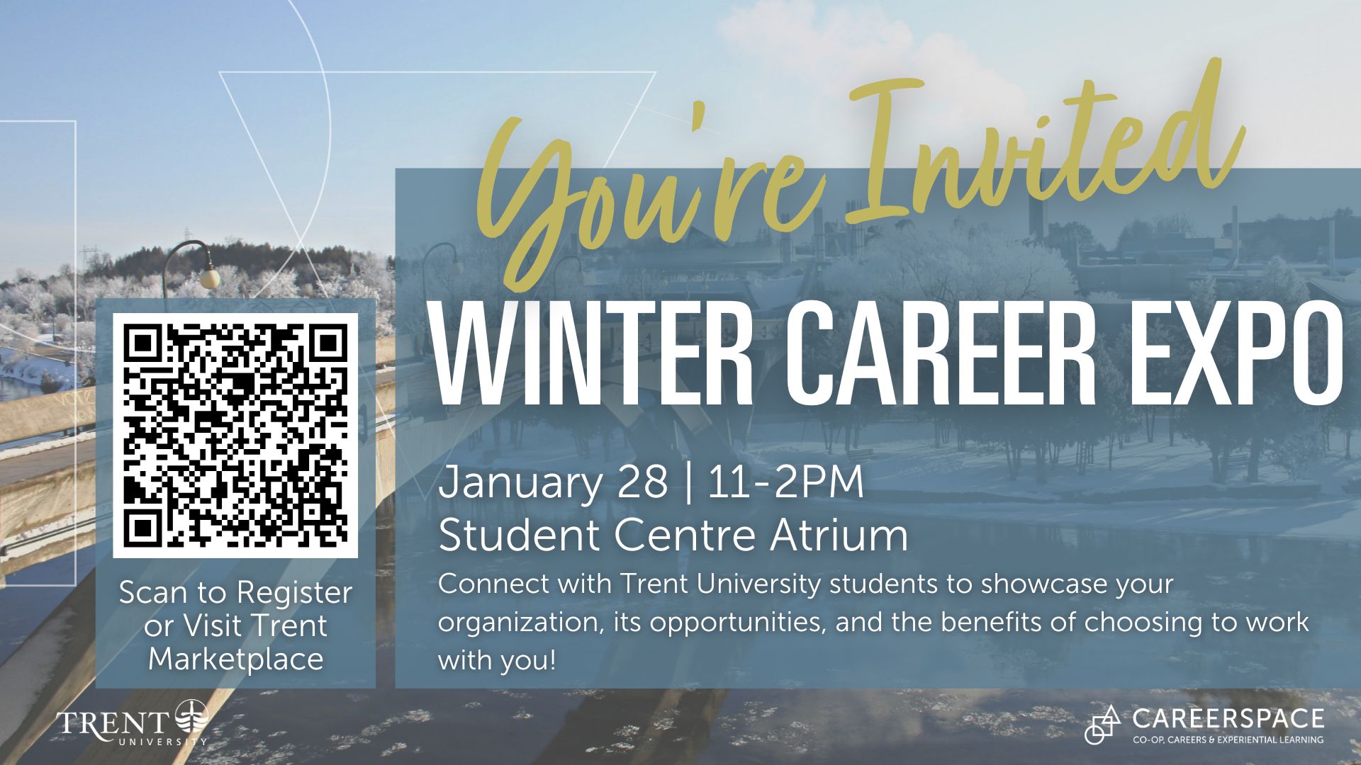 Text graphic over photo of Trent University campus during the winter