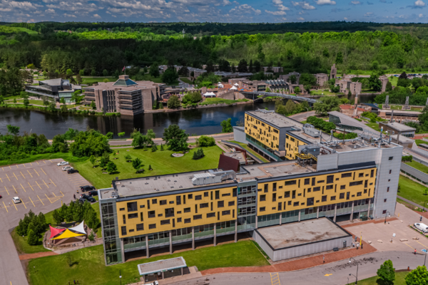 An aerial shot of Gzowski College in the fall