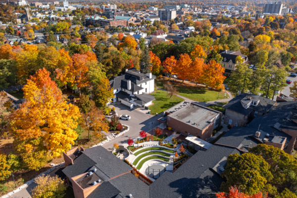 An aerial shot of Traill College in the fall