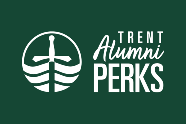 Green background with Trent Alumni Perks words