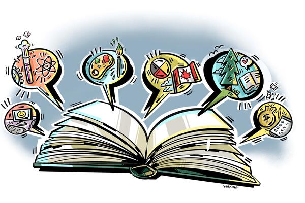Illustrated book laying open with speech bubbles of lifelong learning themes coming from it