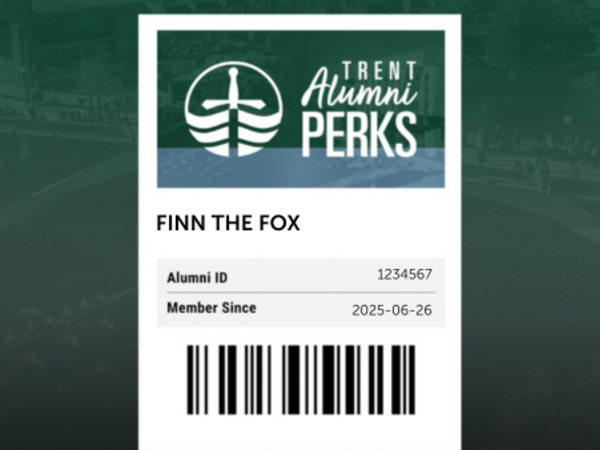 A photo of a digital alumni card on the Trent Alumni Perks app
