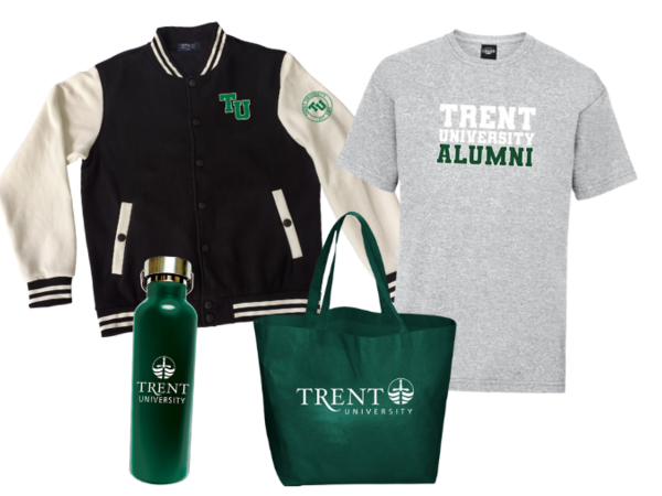 Trent merchandise including a jacket, t-shirt, bag, and waterbottle