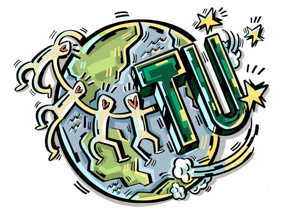 Globe illustration with figures holding hands wrapping around and the letters TU