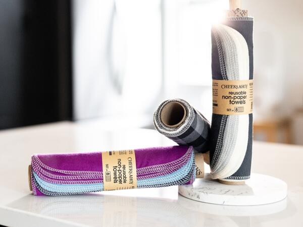 Two sets of Reusable Cotton Towels on a kitchen counter