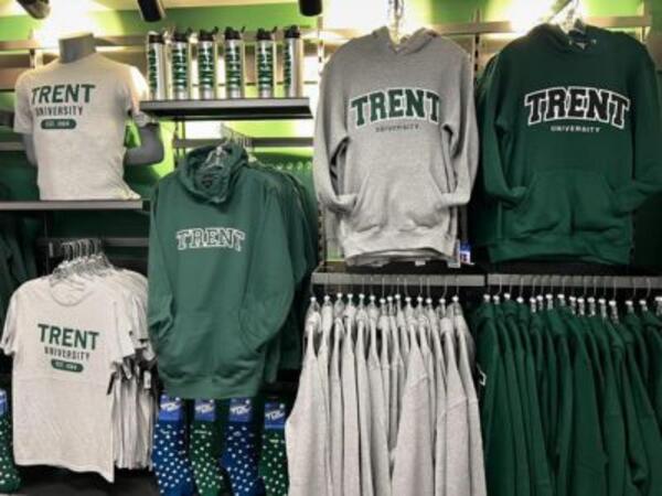 Trent merchandise on a display wall in the Bookstore