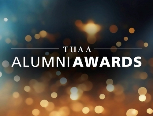 The words TUAA Alumni Awards on a background of glitter.
