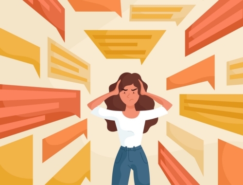 An illustration of a woman holding her head in frustration surrounded by text boxes