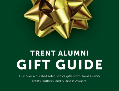 A golden bow with the words Trent Alumni Gift Guide below on a green background