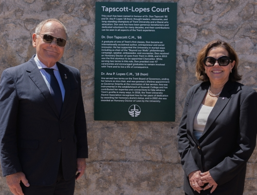 Dr. Don Tapscott and Dr. Ana Lopes stand smiling next to signage for Tapscott-Lopes Court. 