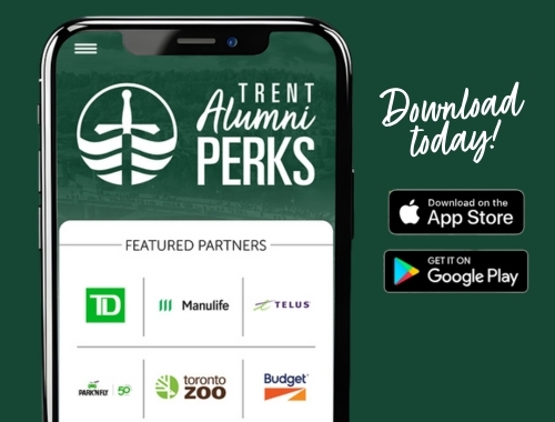 An image of a phone with the Trent Alumni Perks app loaded