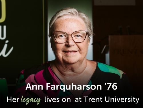 A woman with glasses with the text 'Ann Farquharson '76. Her legacy lives on at Trent University' overtop