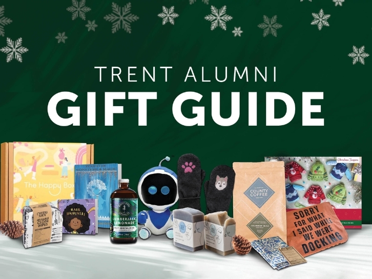 Green background with products made by Trent alumni along the bottom and snowflakes along the top