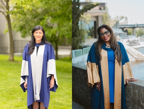 Two women standing outside in convocation gowns