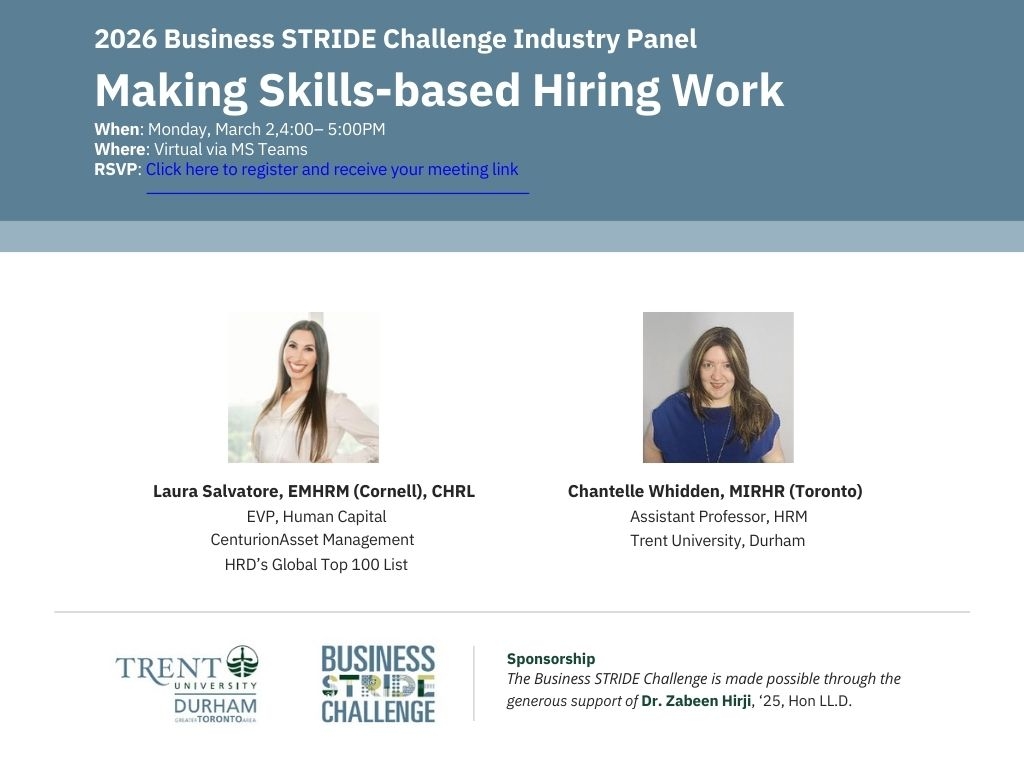 A promotional poster for the “2026 Business STRIDE Challenge Industry Panel” titled Making Skills‑based Hiring Work. It lists event details (March 2, 4–5 PM, virtual via MS Teams) and shows two featured speakers with their names, titles, and affiliations. Logos for Trent University Durham GTA and the Business STRIDE Challenge appear at the bottom, along with a sponsorship note crediting support from Dr. Zabeen Hirji.