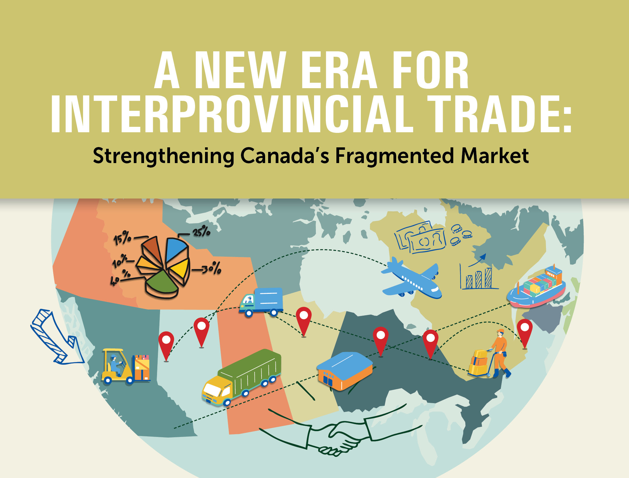 Illustrated map of Canada with trade routes, vehicles, and location markers symbolizing interprovincial movement of goods