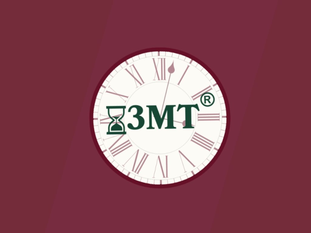 Graphic of analog clock with a sand timer and the text "3MT" overlaid
