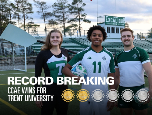 Three student athletes smile on the field with two gold medals and four silver medals displayed