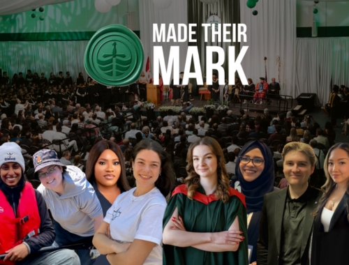 A backdrop of convocation with various students posing, and the text 'Made their Mark'