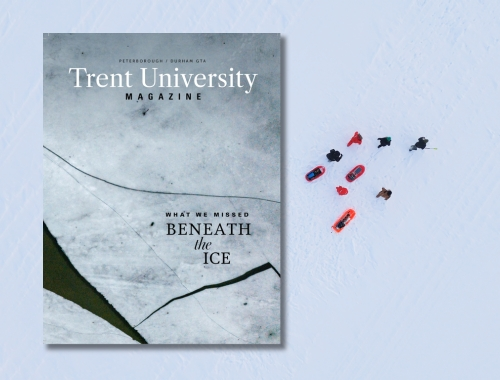 A drone shot of people walking on snow, with a photo of the cover of Trent Magazine on top, featuring cracking ice
