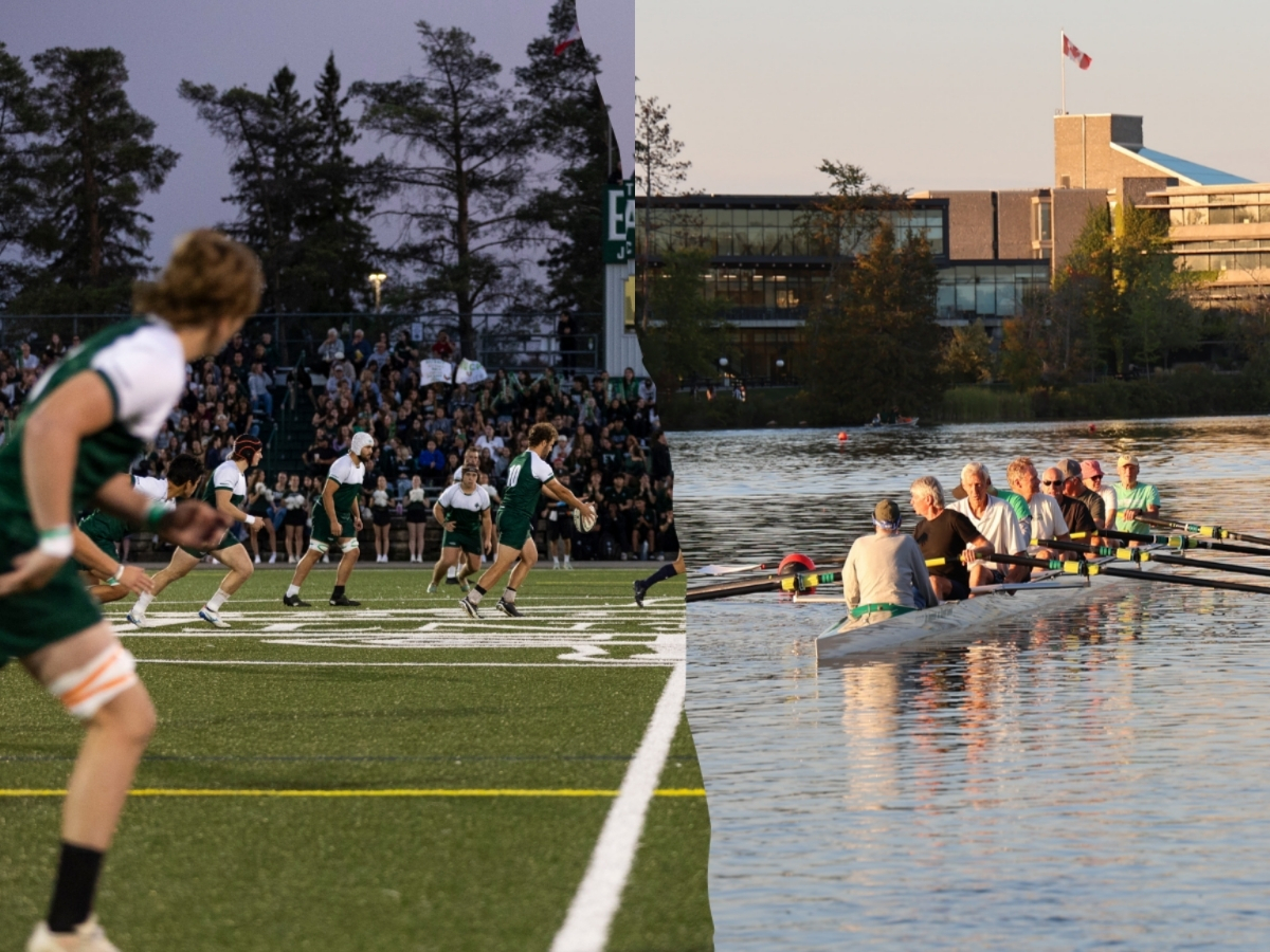 Rugby players on the field, and rowers on the water