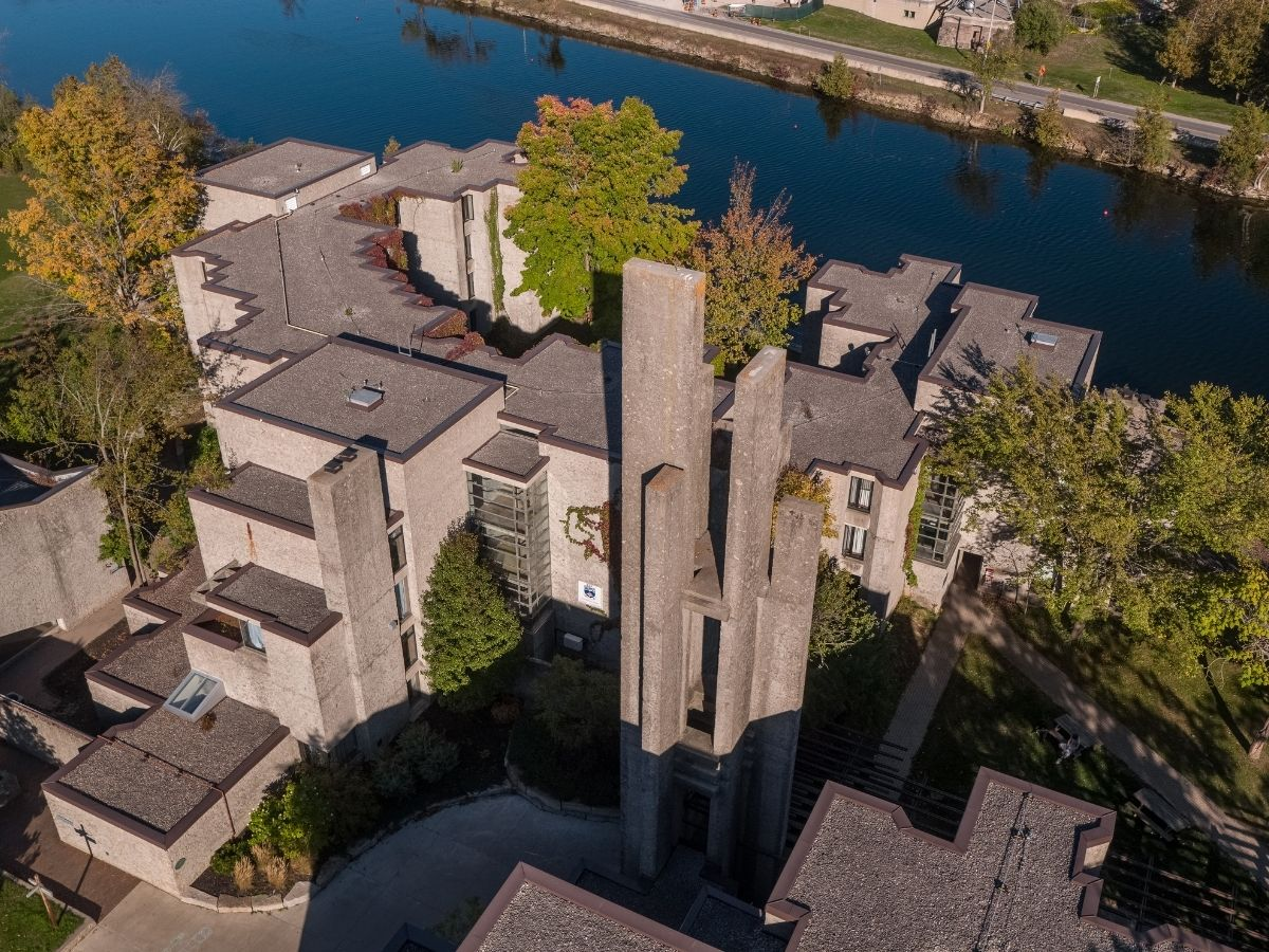 An aerial shot of Champlain College 