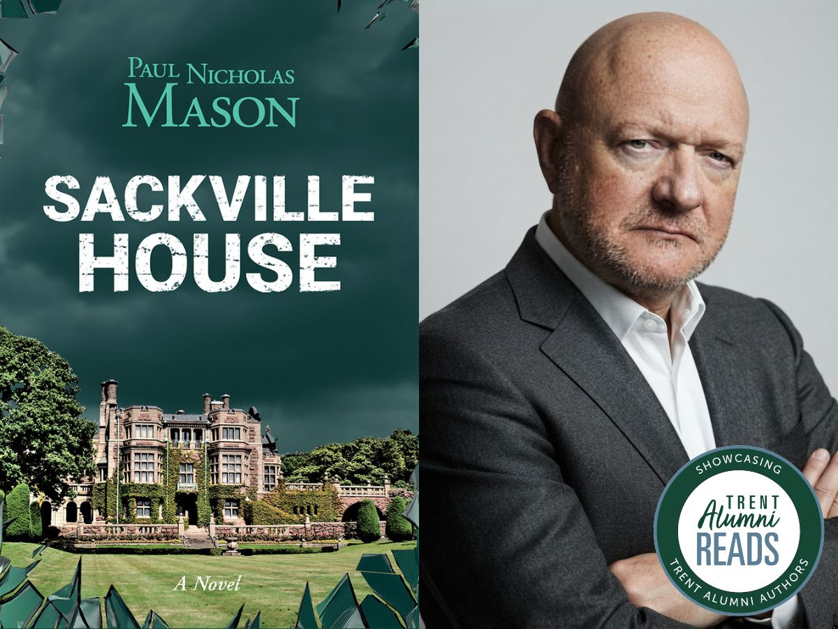 A book cover with a castle on the front and the text Sackville House, along with a man with crossed arms looking at the camera