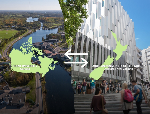 Trent University aerial shot on the left, and a large building with people walking on the right. A map of Canada is on the left, and a map of New Zealand on the right.