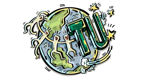 Globe illustration with figures holding hands wrapping around and the letters TU