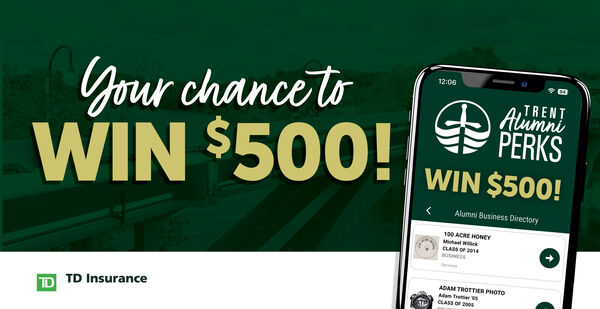 A mobile phone displaying the Alumni Perks App and the text "Your Chance to Win $500!"