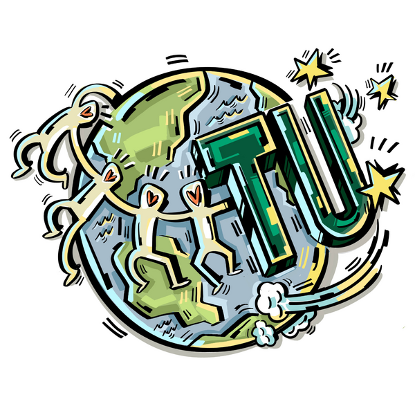 Globe illustration with figures holding hands wrapping around and the letters TU